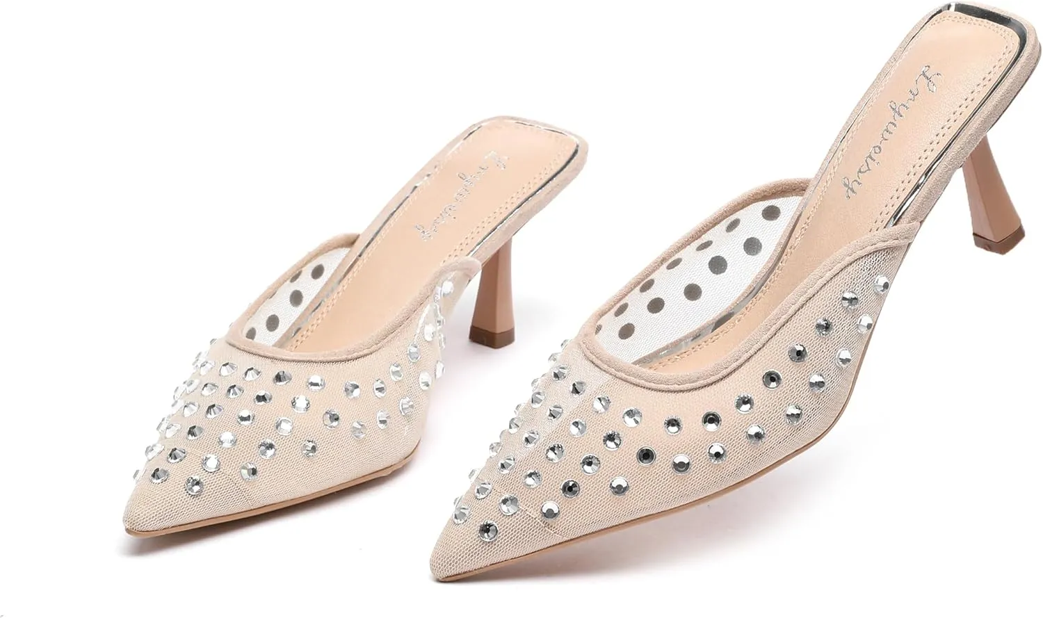 Lryweisy Mesh Heels Backless for Women Glitter Kitten Heel with Rhinestone Pumps