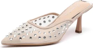 Lryweisy Mesh Heels Backless for Women Glitter Kitten Heel with Rhinestone Pumps