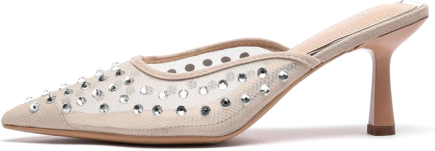 Lryweisy Mesh Heels Backless for Women Glitter Kitten Heel with Rhinestone Pumps