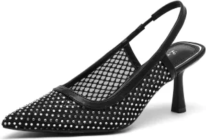 Lryweisy Mesh Heels for Women Glitter Kitten Heel with Rhinestone Slingback