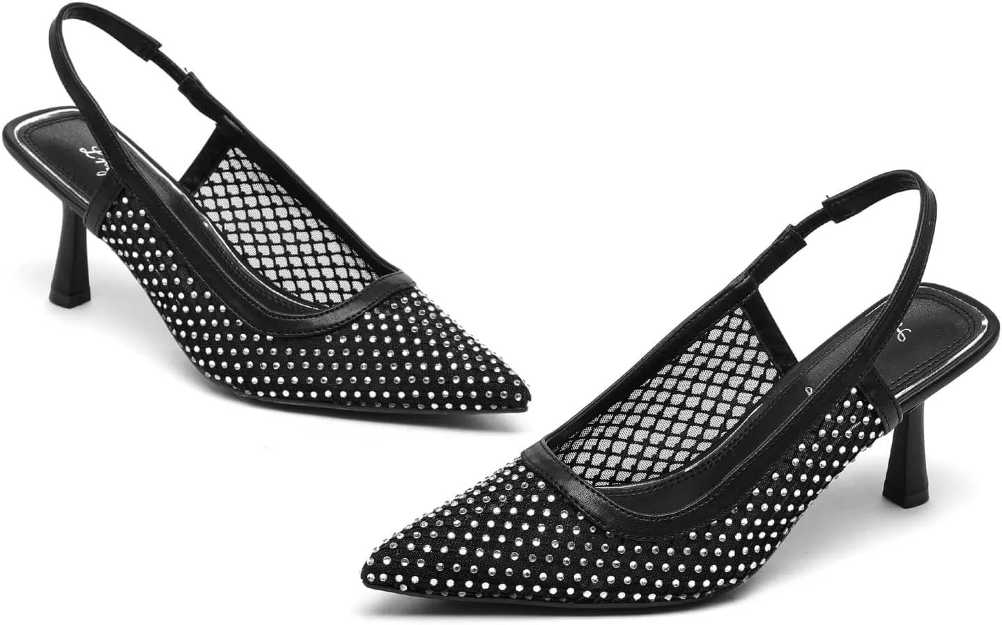 Lryweisy Mesh Heels for Women Glitter Kitten Heel with Rhinestone Slingback