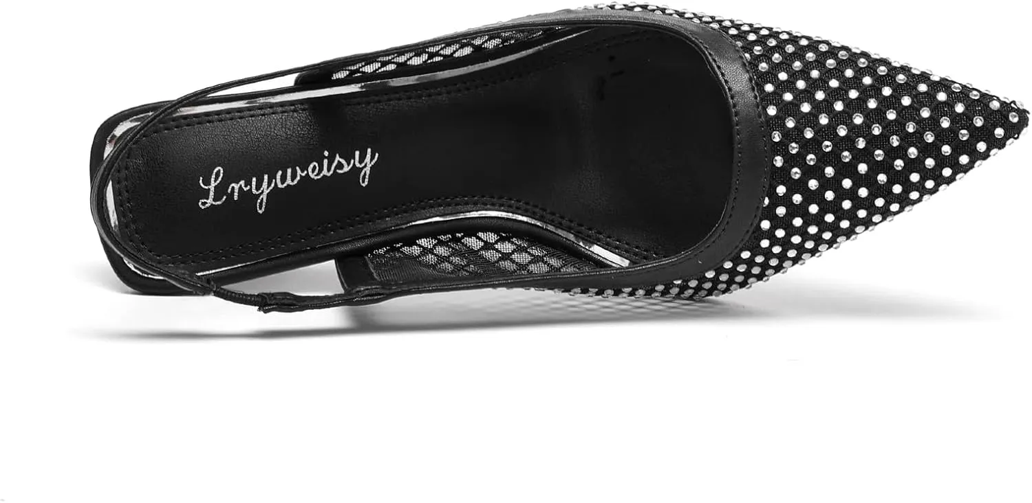 Lryweisy Mesh Heels for Women Glitter Kitten Heel with Rhinestone Slingback