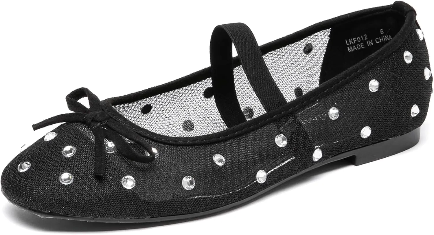 Lryweisy Women's Glitter Flats Mesh Mary Jane with Rhinestones Comfortable Dressy Shoes