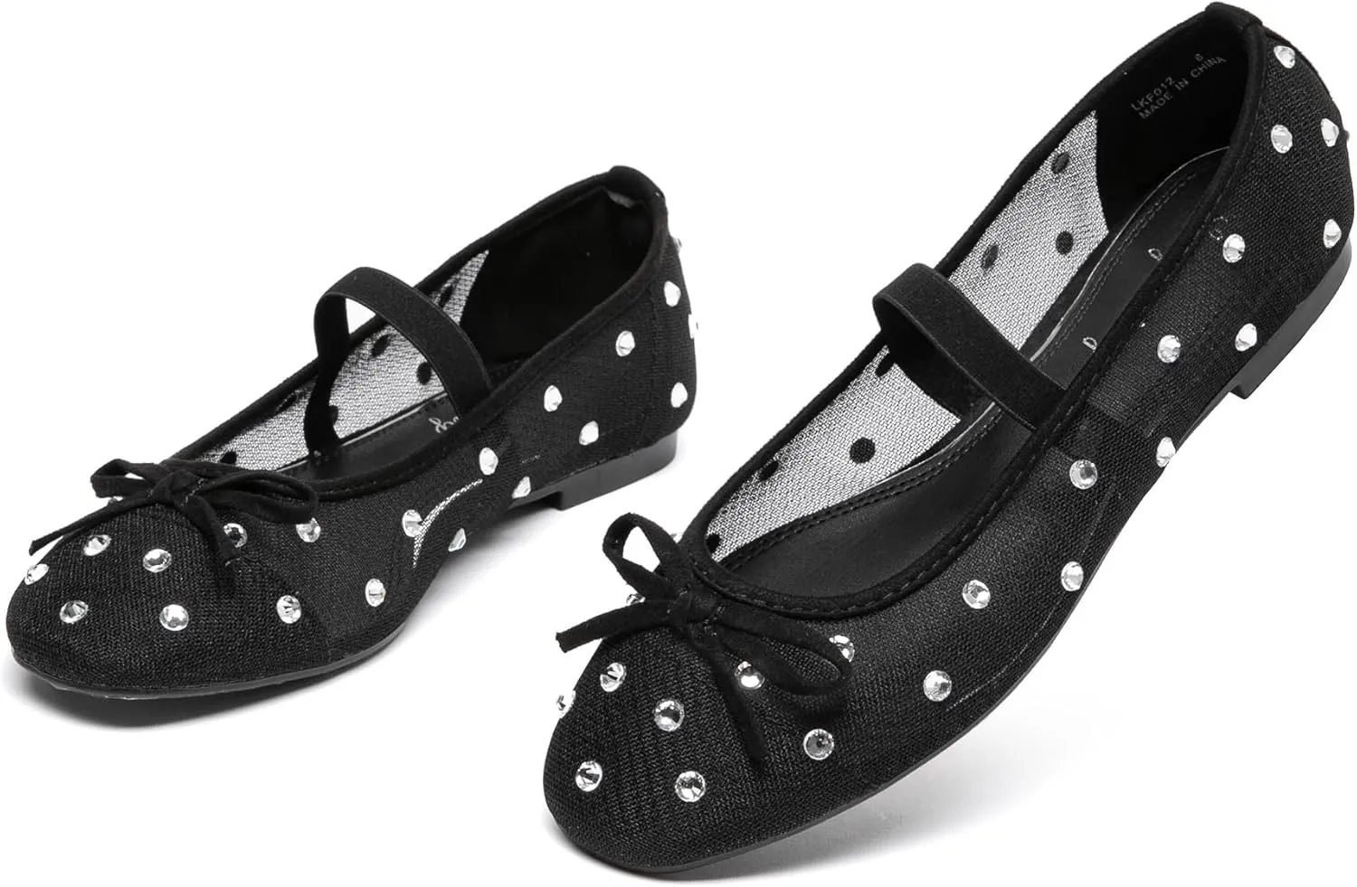 Lryweisy Women's Glitter Flats Mesh Mary Jane with Rhinestones Comfortable Dressy Shoes