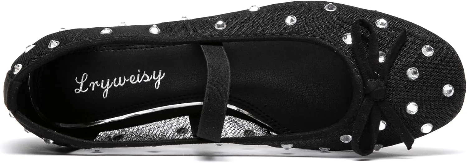 Lryweisy Women's Glitter Flats Mesh Mary Jane with Rhinestones Comfortable Dressy Shoes