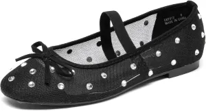 Lryweisy Women's Glitter Flats Mesh Mary Jane with Rhinestones Comfortable Dressy Shoes