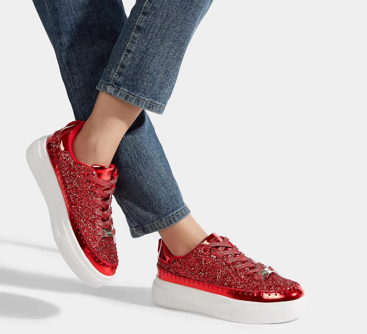 LUCKY STEP Platform Glitter Sneakers for Women Fashion Sparkly Bling Shiny Low Top Tennis Sneakers Faux Leather Casual Walking Shoes