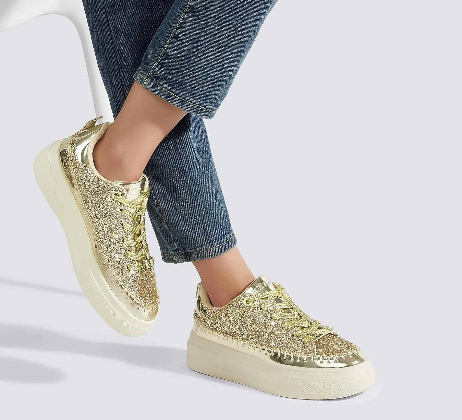 LUCKY STEP Platform Glitter Sneakers for Women Fashion Sparkly Bling Shiny Low Top Tennis Sneakers Faux Leather Casual Walking Shoes