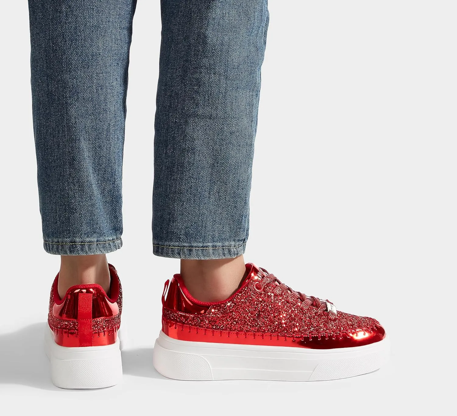 LUCKY STEP Platform Glitter Sneakers for Women Fashion Sparkly Bling Shiny Low Top Tennis Sneakers Faux Leather Casual Walking Shoes