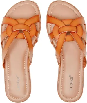 Luoika Women's Wide Width Flat Slides Sandals, Slip on Slide Sandal Casual Comfortable Summer Beach Shoes for Women.