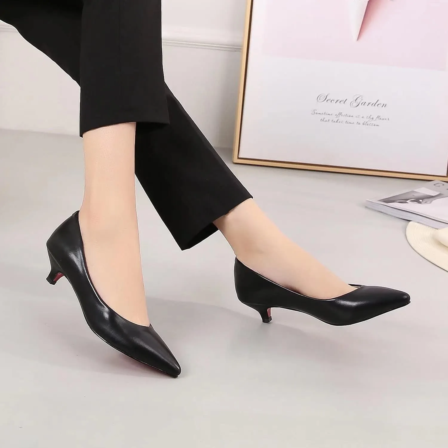LUXINYU Women's Classic Fashion Pointed Toe Kitten Heel Dress Pumps Shoes Comfort Low Heel Work Shoes