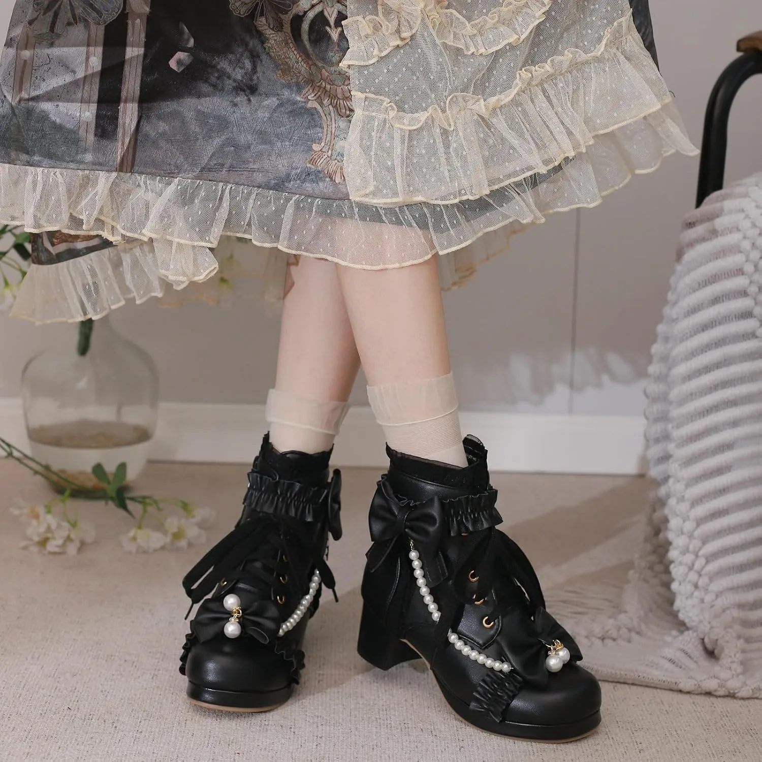 LUXMAX Women Chunky Heel Lace Up Booties Lolita Kawaii Shoes Block Heel Cute Ankle Boots Sweet Lace Boots with Bow