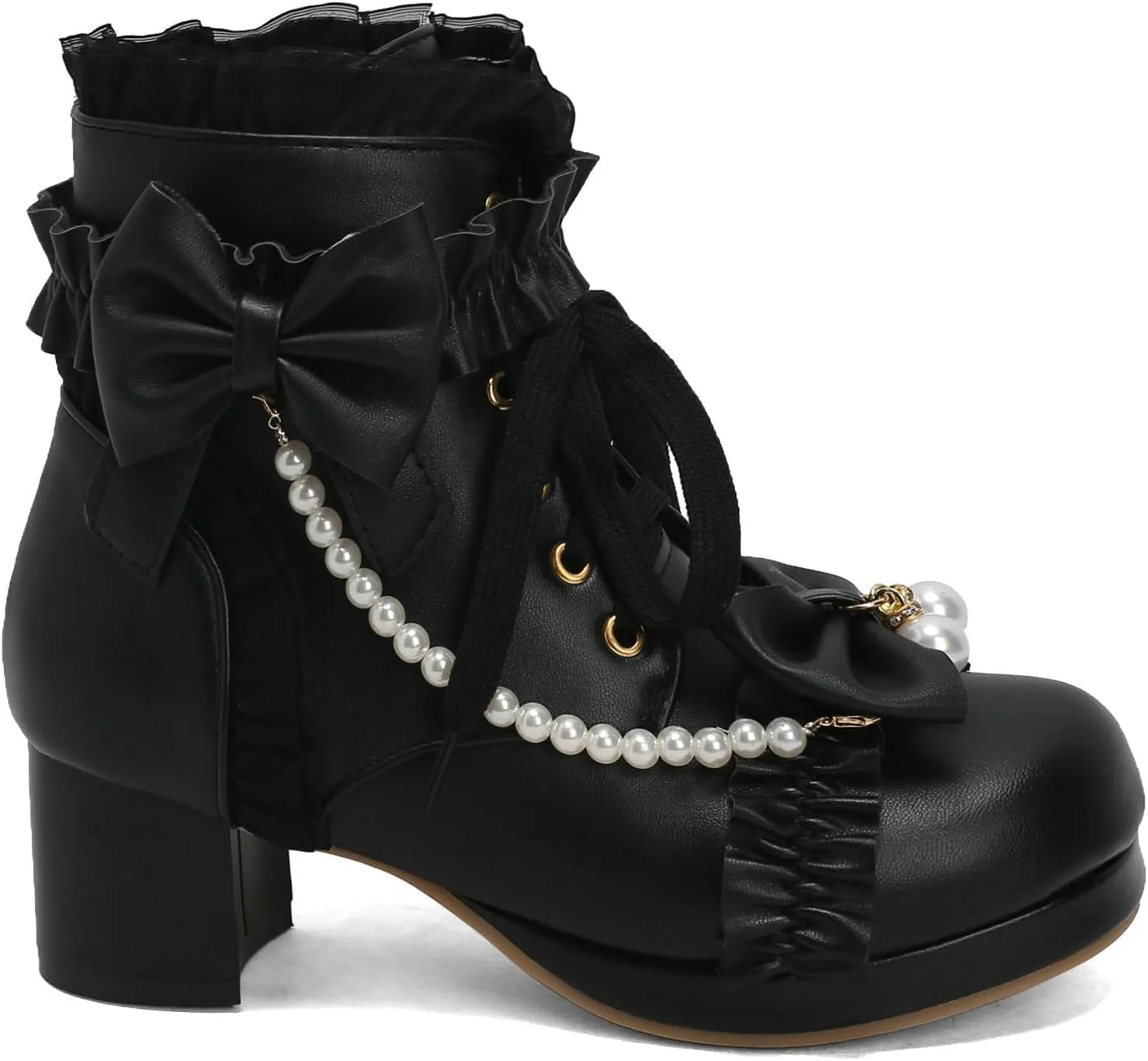 LUXMAX Women Chunky Heel Lace Up Booties Lolita Kawaii Shoes Block Heel Cute Ankle Boots Sweet Lace Boots with Bow