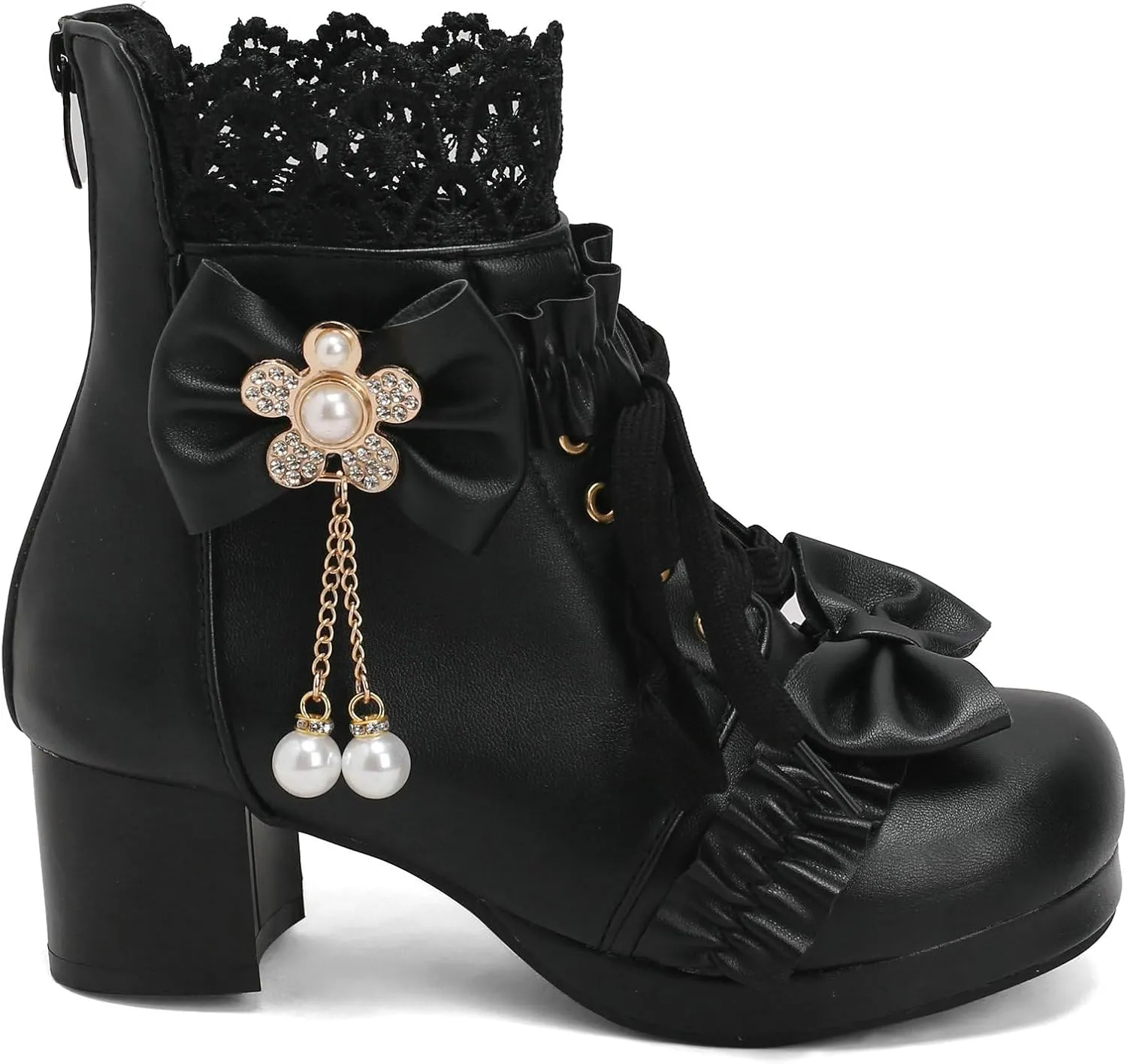 LUXMAX Women Chunky Heel Lace Up Booties Lolita Kawaii Shoes Block Heel Cute Ankle Boots Sweet Lace Boots with Bow