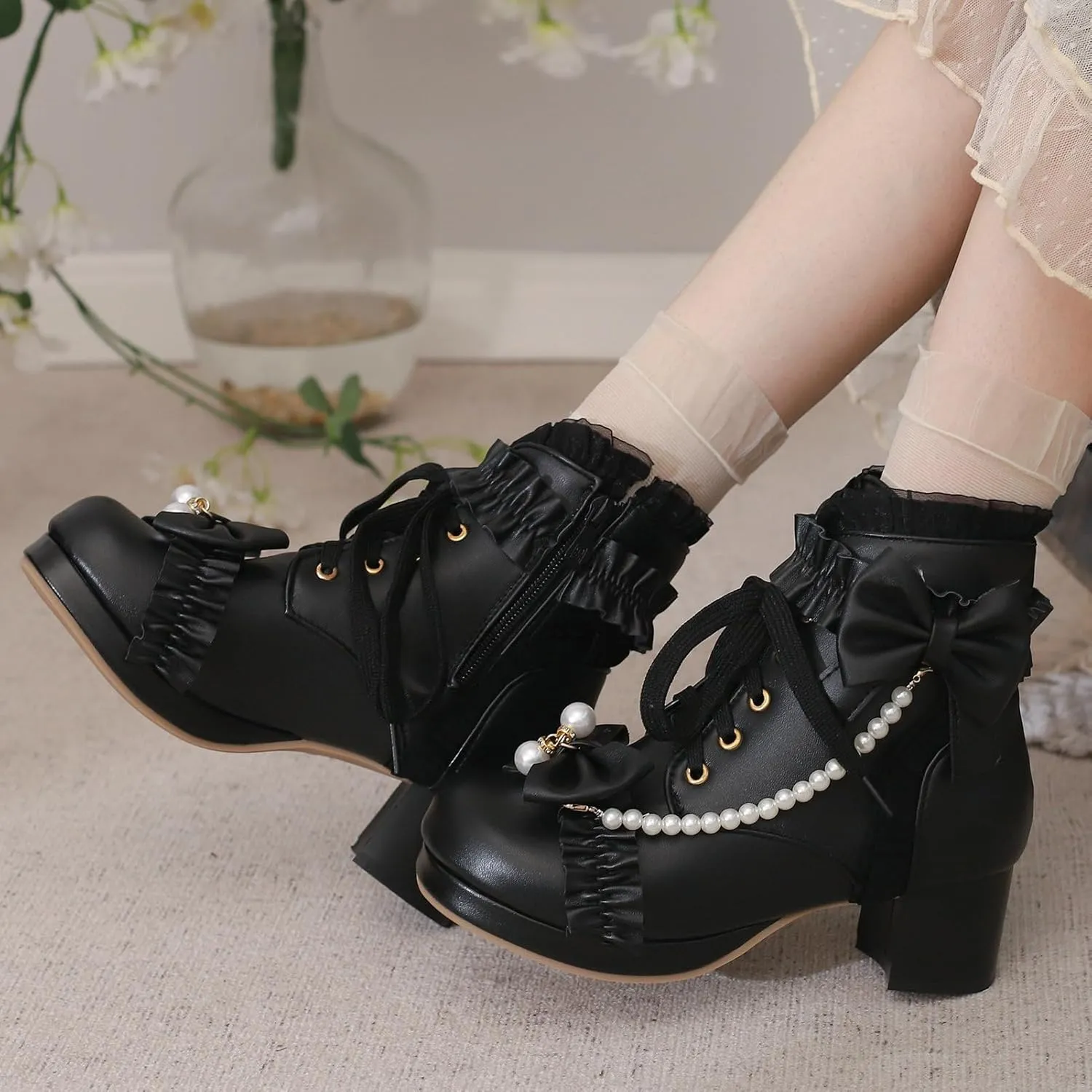 LUXMAX Women Chunky Heel Lace Up Booties Lolita Kawaii Shoes Block Heel Cute Ankle Boots Sweet Lace Boots with Bow