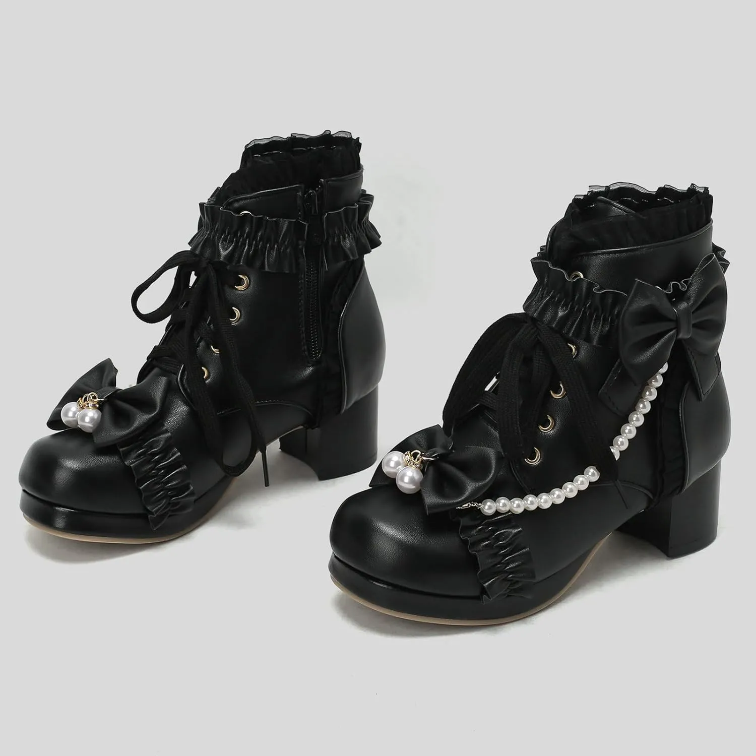 LUXMAX Women Chunky Heel Lace Up Booties Lolita Kawaii Shoes Block Heel Cute Ankle Boots Sweet Lace Boots with Bow