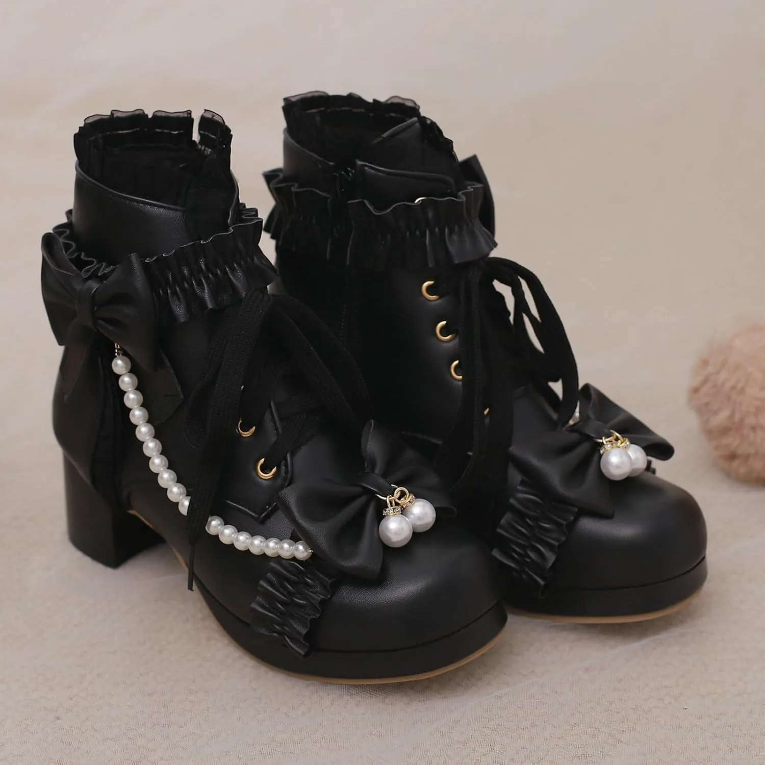 LUXMAX Women Chunky Heel Lace Up Booties Lolita Kawaii Shoes Block Heel Cute Ankle Boots Sweet Lace Boots with Bow