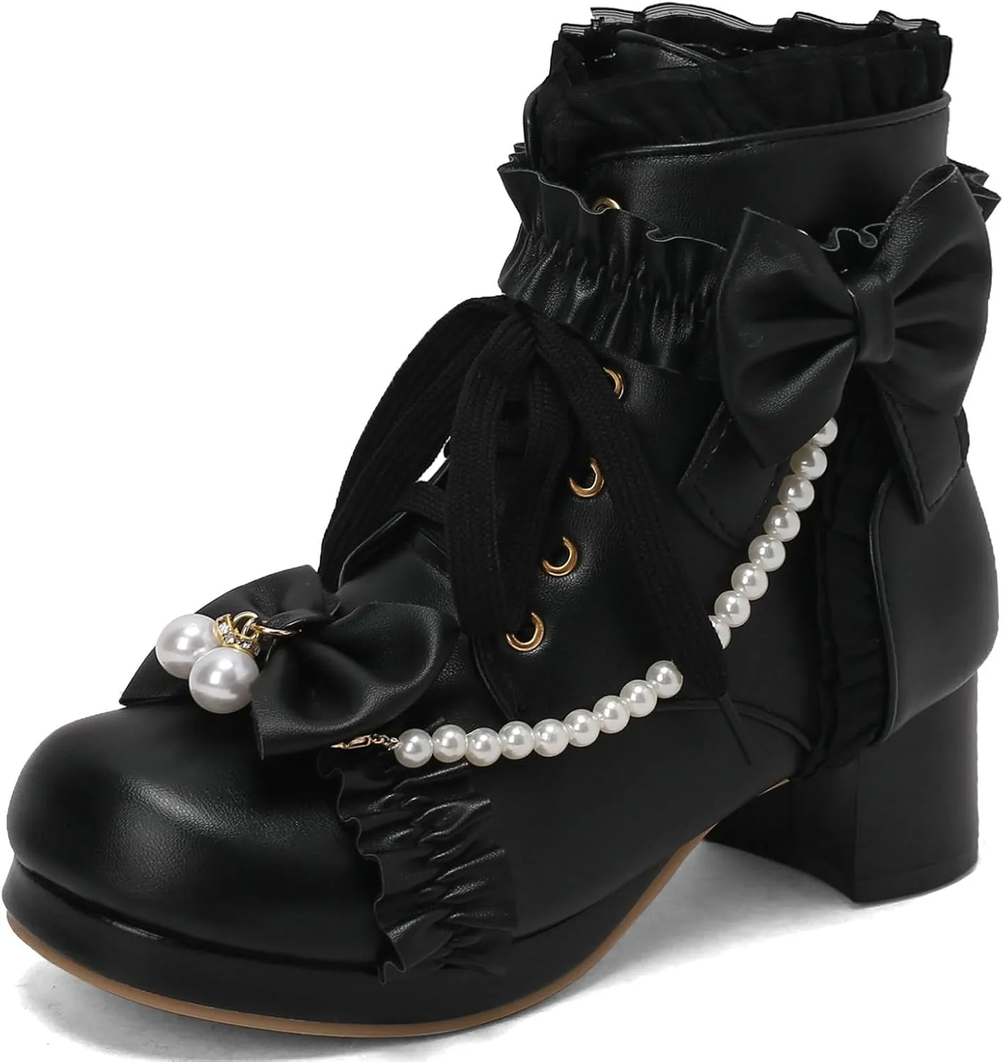LUXMAX Women Chunky Heel Lace Up Booties Lolita Kawaii Shoes Block Heel Cute Ankle Boots Sweet Lace Boots with Bow