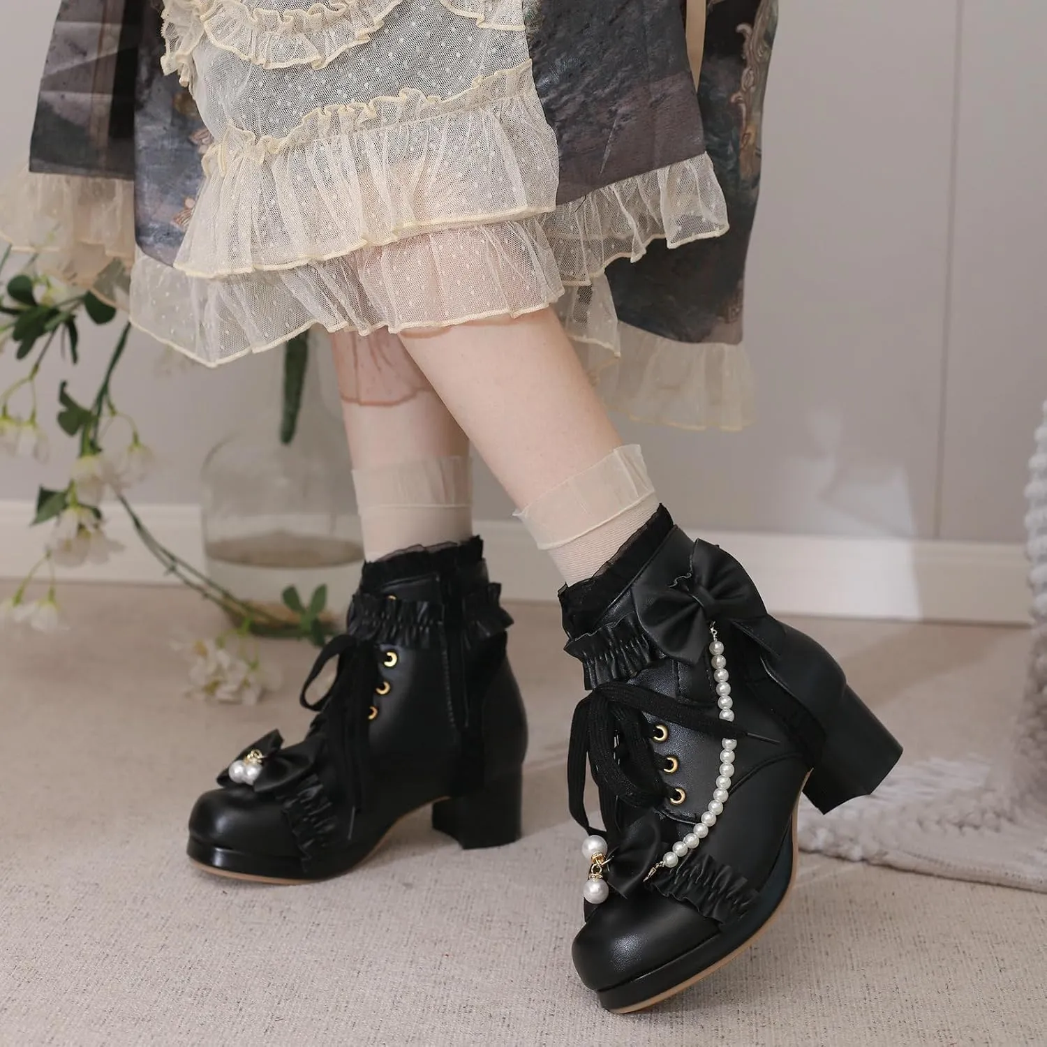 LUXMAX Women Chunky Heel Lace Up Booties Lolita Kawaii Shoes Block Heel Cute Ankle Boots Sweet Lace Boots with Bow