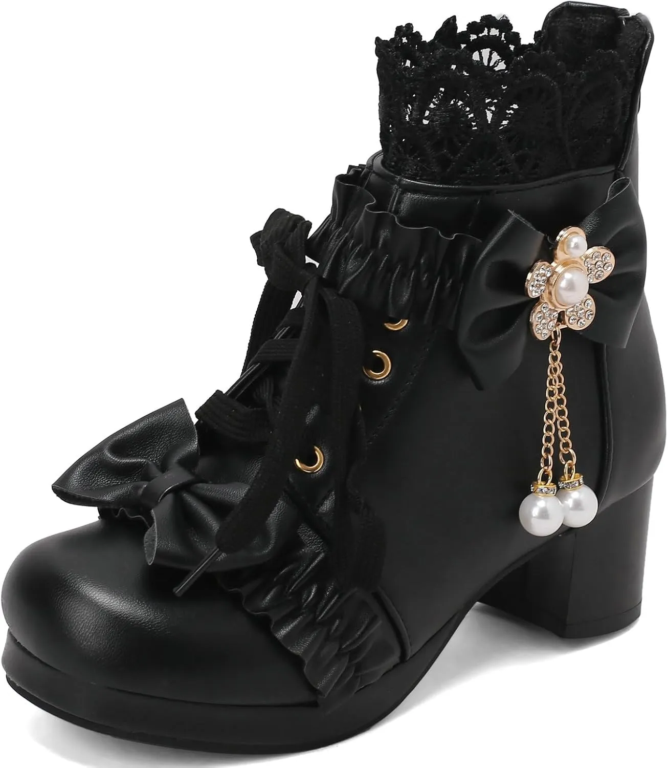 LUXMAX Women Chunky Heel Lace Up Booties Lolita Kawaii Shoes Block Heel Cute Ankle Boots Sweet Lace Boots with Bow