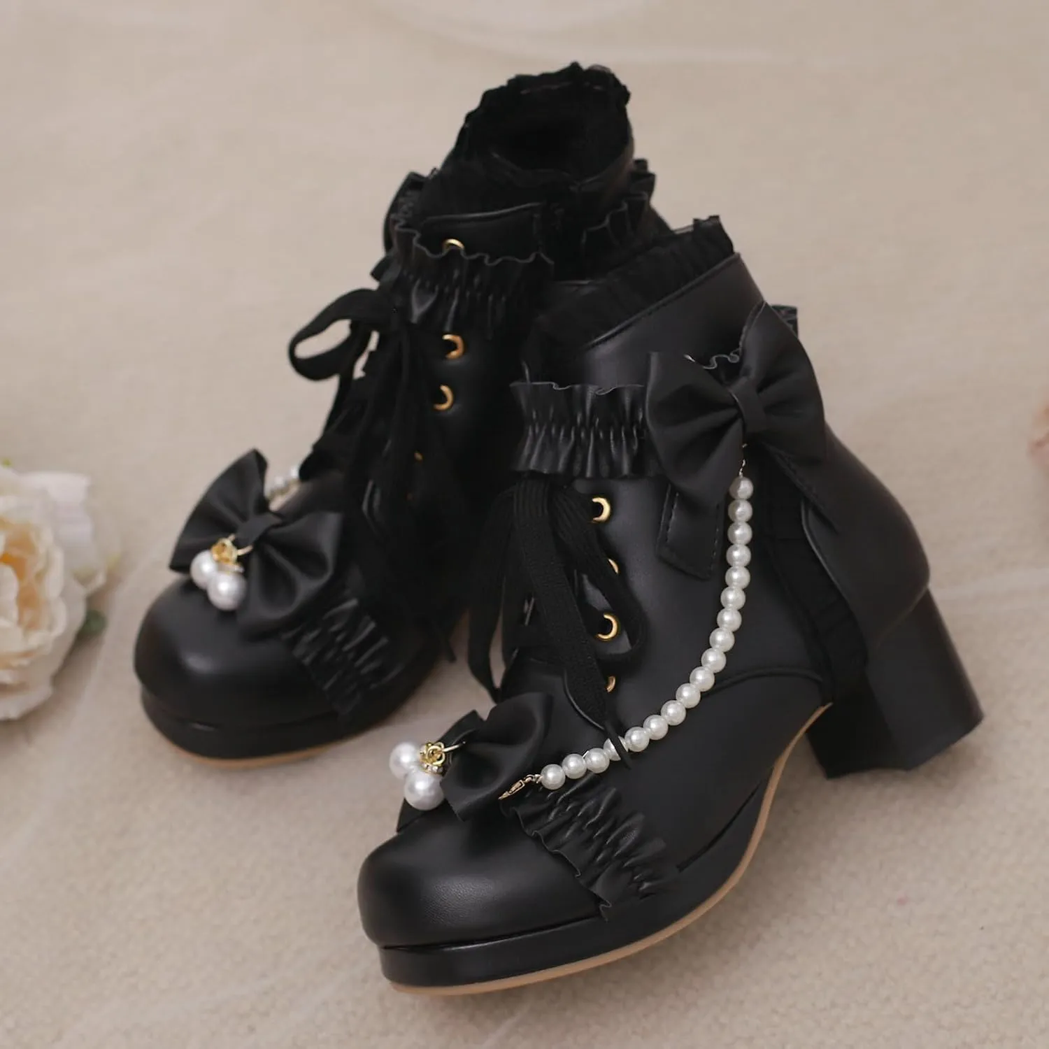 LUXMAX Women Chunky Heel Lace Up Booties Lolita Kawaii Shoes Block Heel Cute Ankle Boots Sweet Lace Boots with Bow