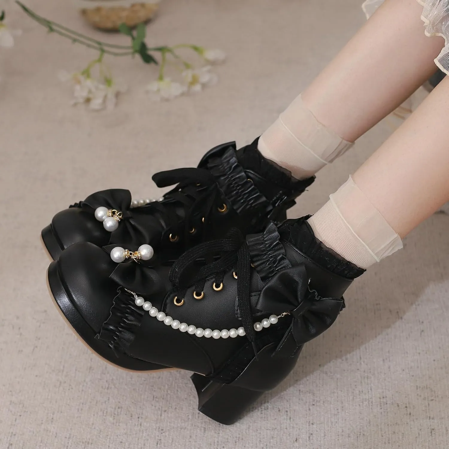 LUXMAX Women Chunky Heel Lace Up Booties Lolita Kawaii Shoes Block Heel Cute Ankle Boots Sweet Lace Boots with Bow