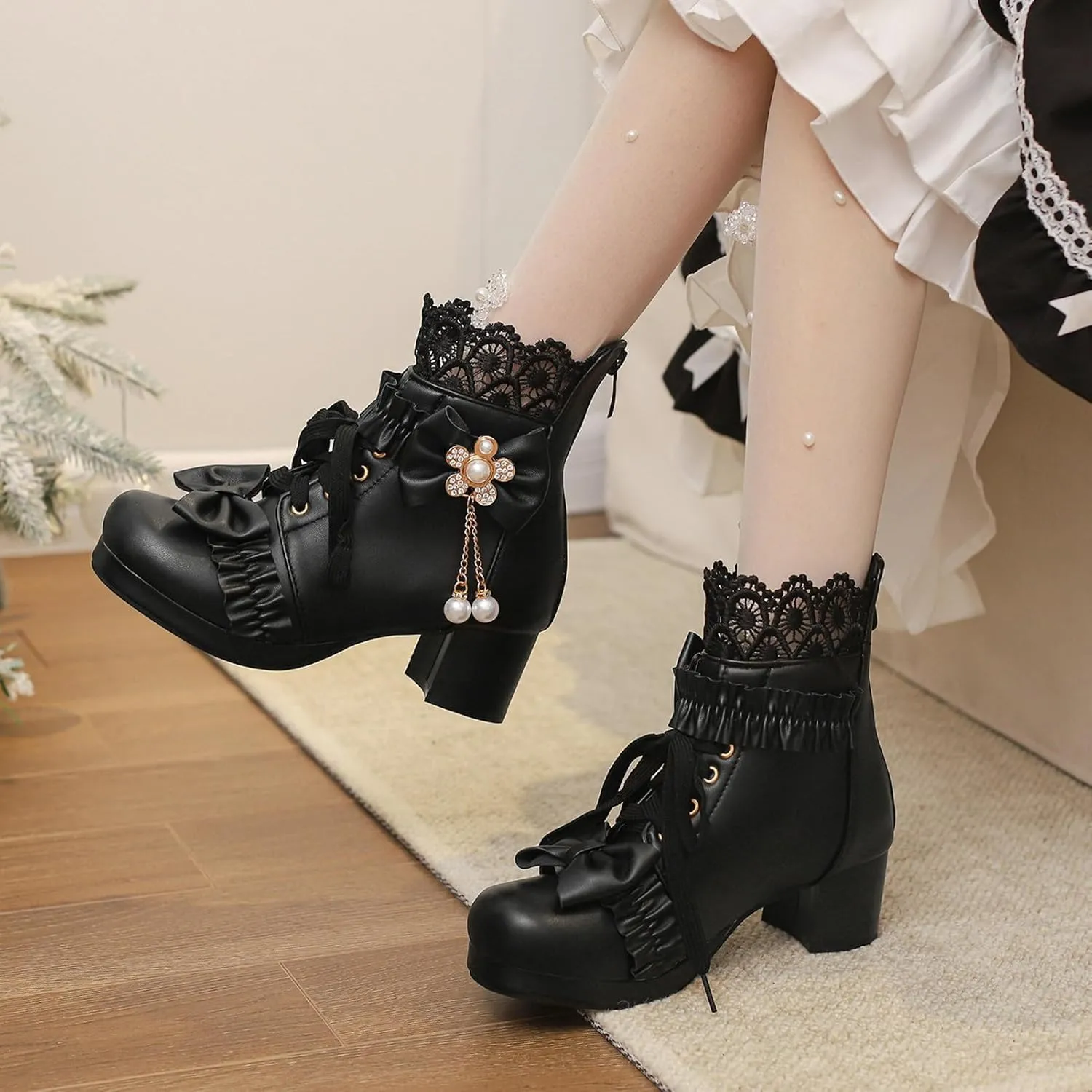 LUXMAX Women Chunky Heel Lace Up Booties Lolita Kawaii Shoes Block Heel Cute Ankle Boots Sweet Lace Boots with Bow
