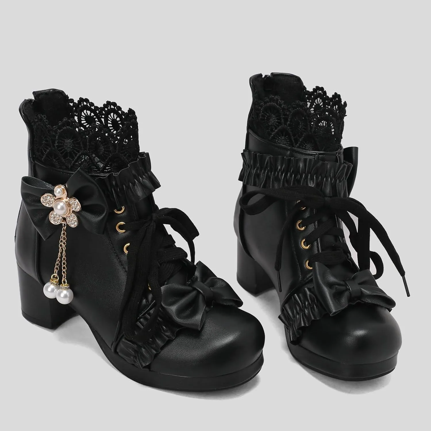 LUXMAX Women Chunky Heel Lace Up Booties Lolita Kawaii Shoes Block Heel Cute Ankle Boots Sweet Lace Boots with Bow