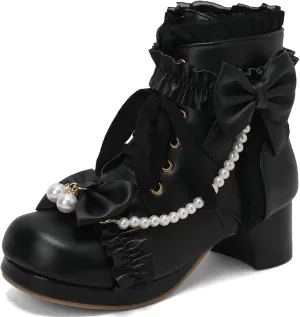 LUXMAX Women Chunky Heel Lace Up Booties Lolita Kawaii Shoes Block Heel Cute Ankle Boots Sweet Lace Boots with Bow