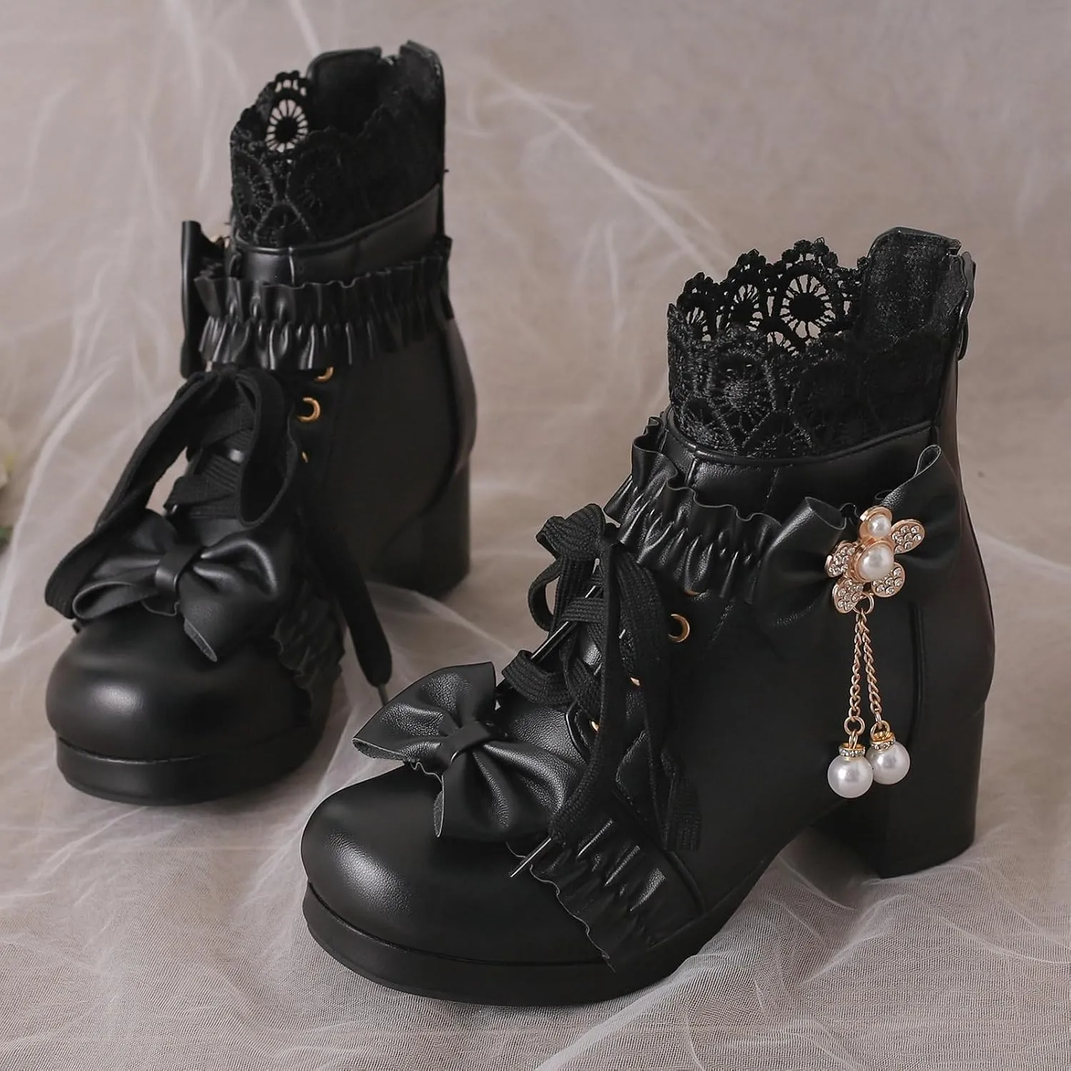 LUXMAX Women Chunky Heel Lace Up Booties Lolita Kawaii Shoes Block Heel Cute Ankle Boots Sweet Lace Boots with Bow