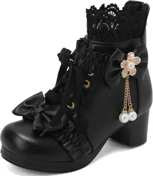 LUXMAX Women Chunky Heel Lace Up Booties Lolita Kawaii Shoes Block Heel Cute Ankle Boots Sweet Lace Boots with Bow