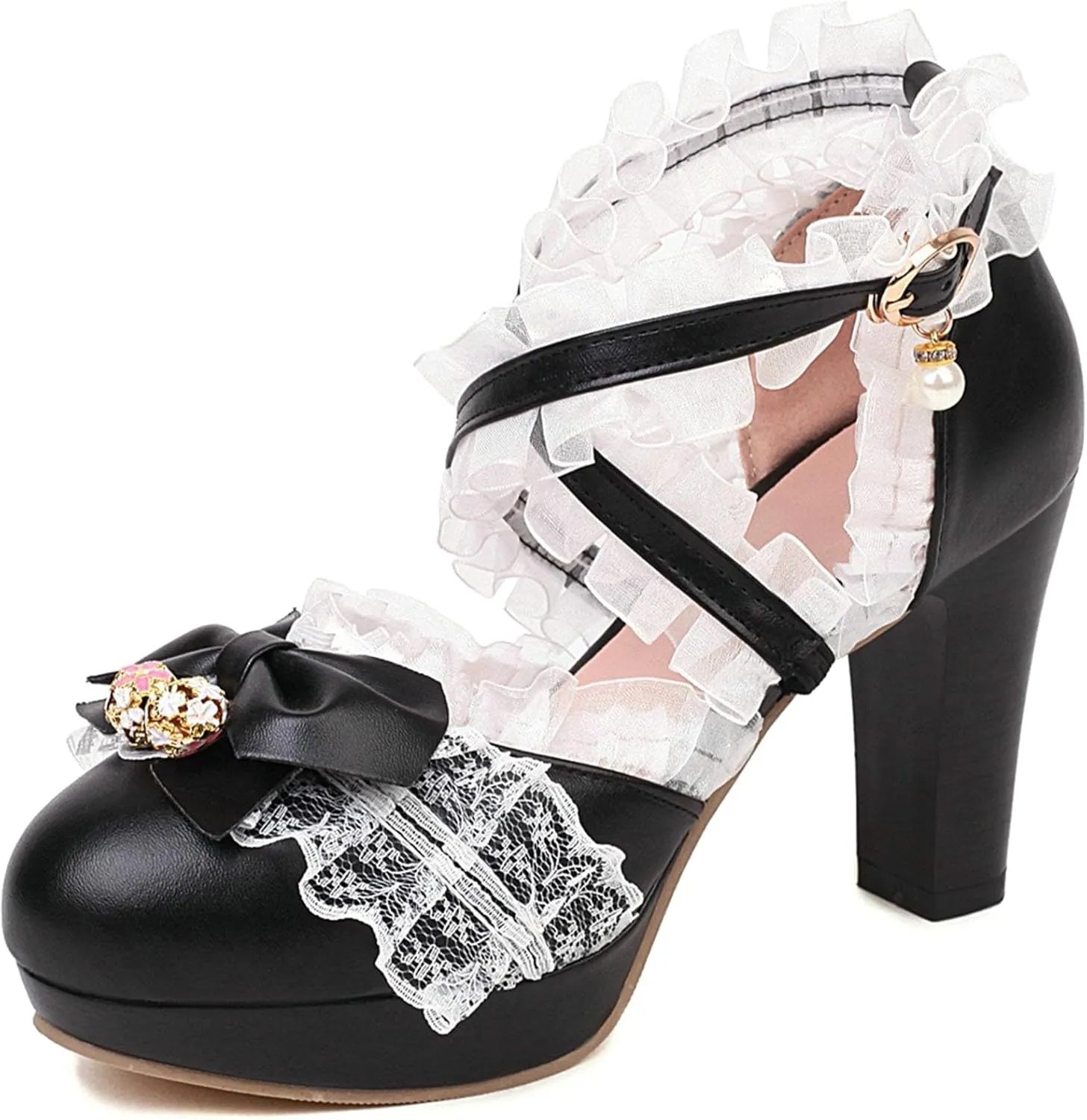 LUXMAX Women Cute Mary Janes Kawaii Shoes Block High Heel Ankle Strap Pumps Sweet Chunky Heel Platform Buckle Pumps with Bow