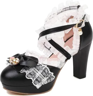 LUXMAX Women Cute Mary Janes Kawaii Shoes Block High Heel Ankle Strap Pumps Sweet Chunky Heel Platform Buckle Pumps with Bow