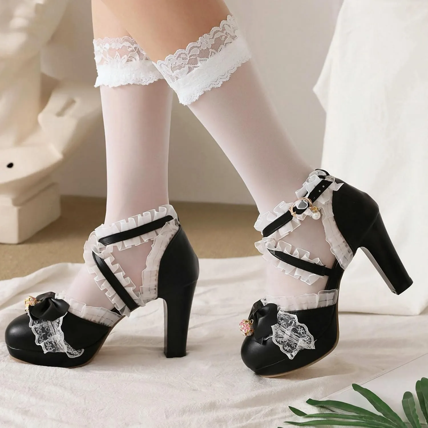 LUXMAX Women Cute Mary Janes Kawaii Shoes Block High Heel Ankle Strap Pumps Sweet Chunky Heel Platform Buckle Pumps with Bow