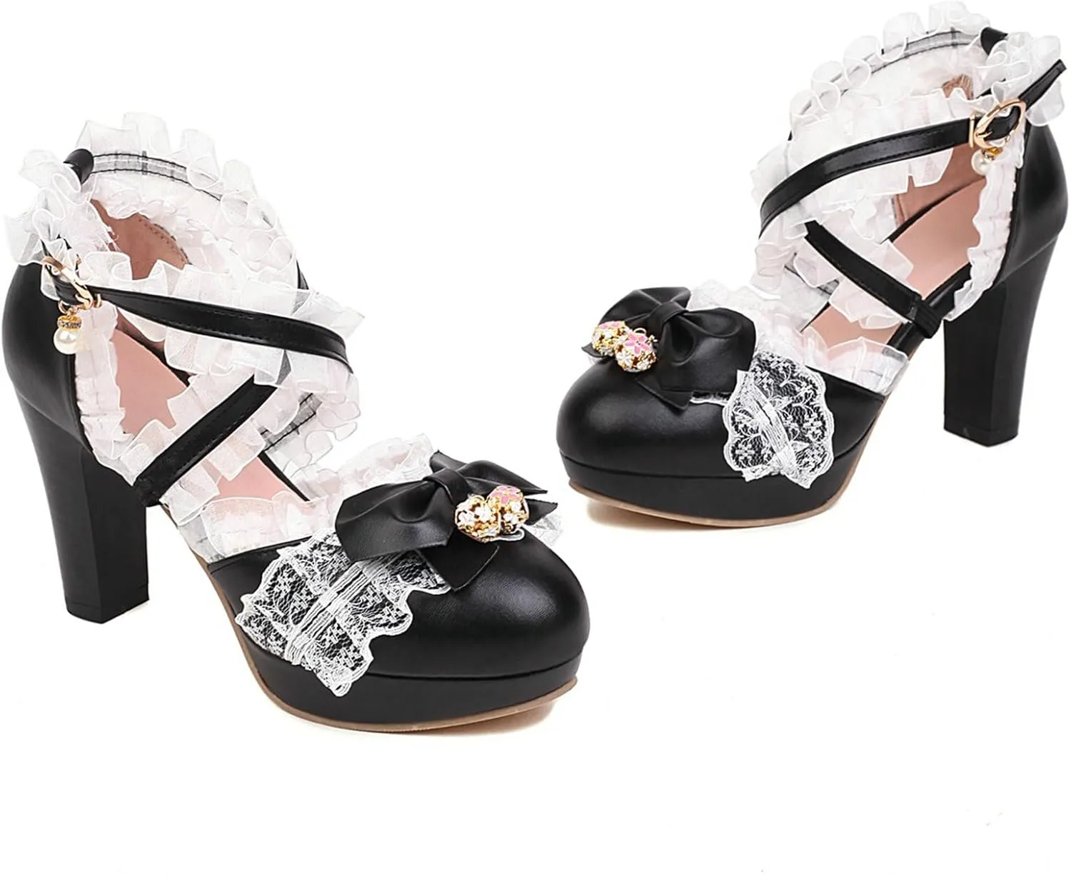 LUXMAX Women Cute Mary Janes Kawaii Shoes Block High Heel Ankle Strap Pumps Sweet Chunky Heel Platform Buckle Pumps with Bow