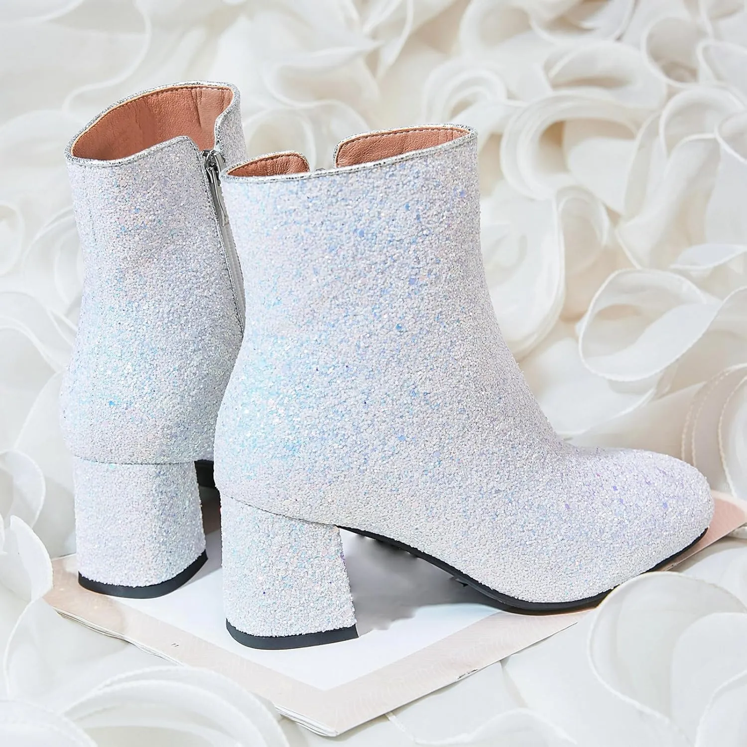 LUXMAX Women Glitter Ankle Boots Chunky Heel Square Closed Toe Sparkly Booties Block Heel Side Zip Winter Party Shoes