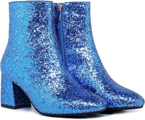 LUXMAX Women Glitter Ankle Boots Chunky Heel Square Closed Toe Sparkly Booties Block Heel Side Zip Winter Party Shoes