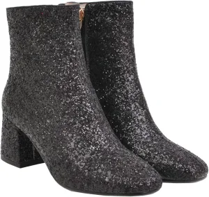 LUXMAX Women Glitter Ankle Boots Chunky Heel Square Closed Toe Sparkly Booties Block Heel Side Zip Winter Party Shoes
