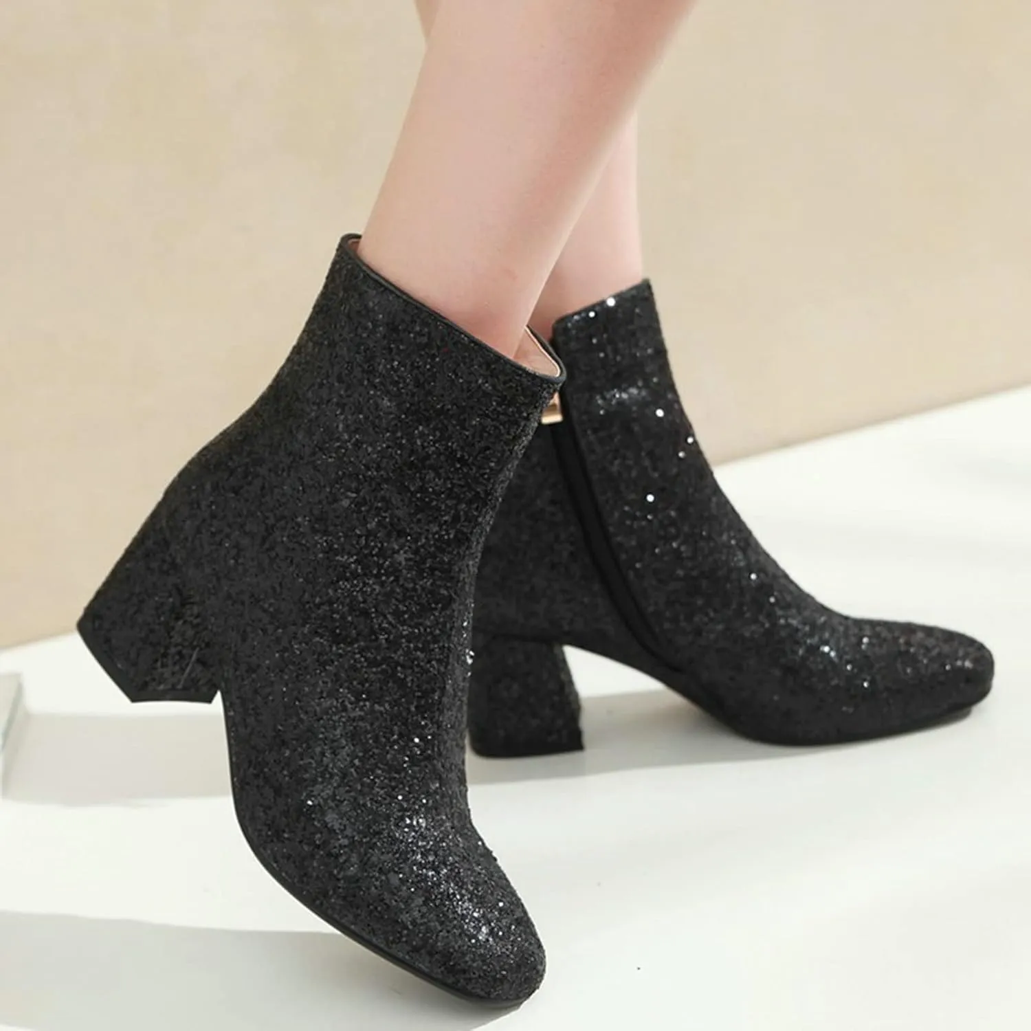 LUXMAX Women Glitter Ankle Boots Chunky Heel Square Closed Toe Sparkly Booties Block Heel Side Zip Winter Party Shoes