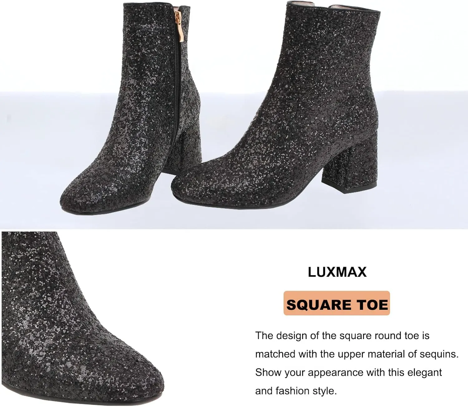 LUXMAX Women Glitter Ankle Boots Chunky Heel Square Closed Toe Sparkly Booties Block Heel Side Zip Winter Party Shoes