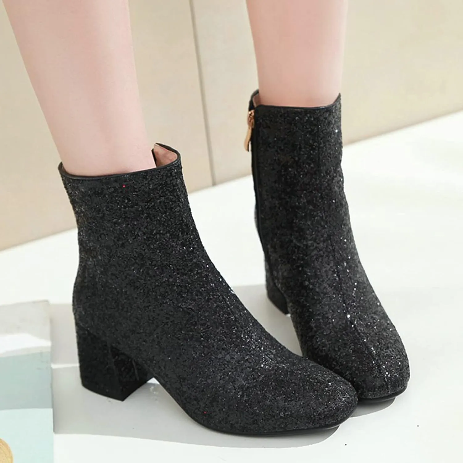 LUXMAX Women Glitter Ankle Boots Chunky Heel Square Closed Toe Sparkly Booties Block Heel Side Zip Winter Party Shoes