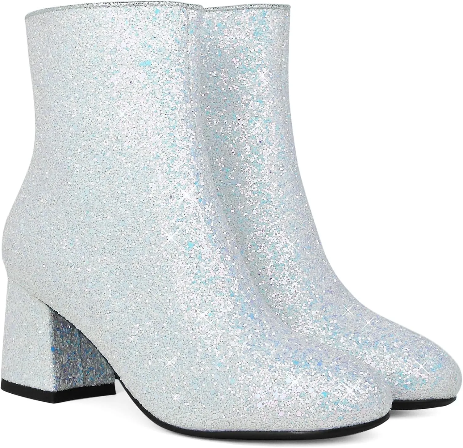 LUXMAX Women Glitter Ankle Boots Chunky Heel Square Closed Toe Sparkly Booties Block Heel Side Zip Winter Party Shoes