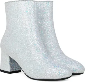 LUXMAX Women Glitter Ankle Boots Chunky Heel Square Closed Toe Sparkly Booties Block Heel Side Zip Winter Party Shoes