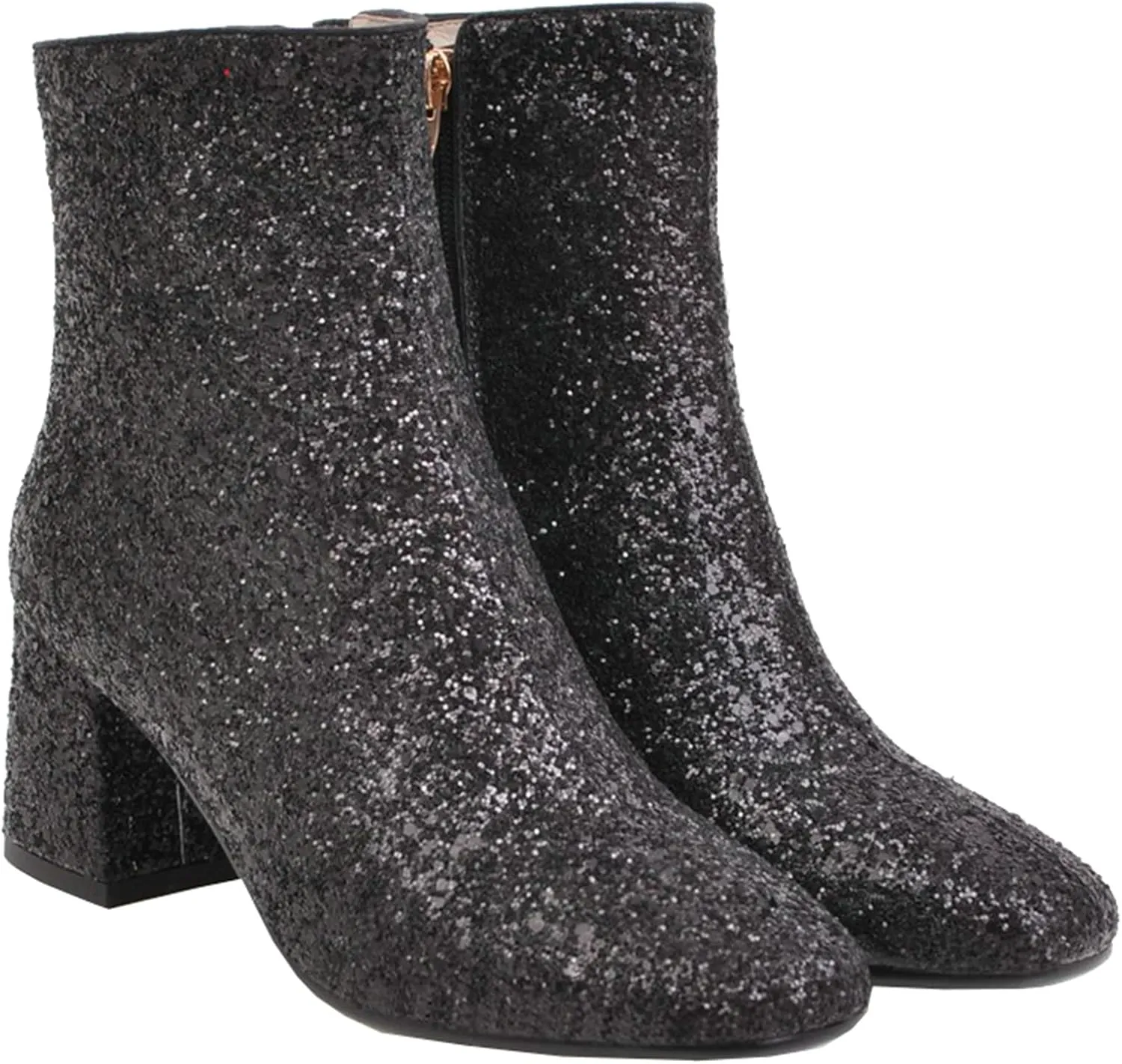 LUXMAX Women Glitter Ankle Boots Chunky Heel Square Closed Toe Sparkly Booties Block Heel Side Zip Winter Party Shoes