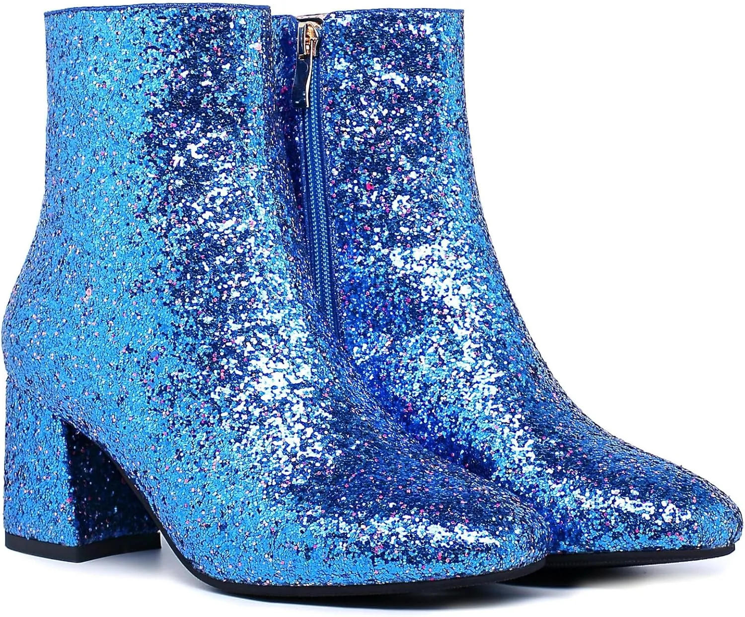LUXMAX Women Glitter Ankle Boots Chunky Heel Square Closed Toe Sparkly Booties Block Heel Side Zip Winter Party Shoes