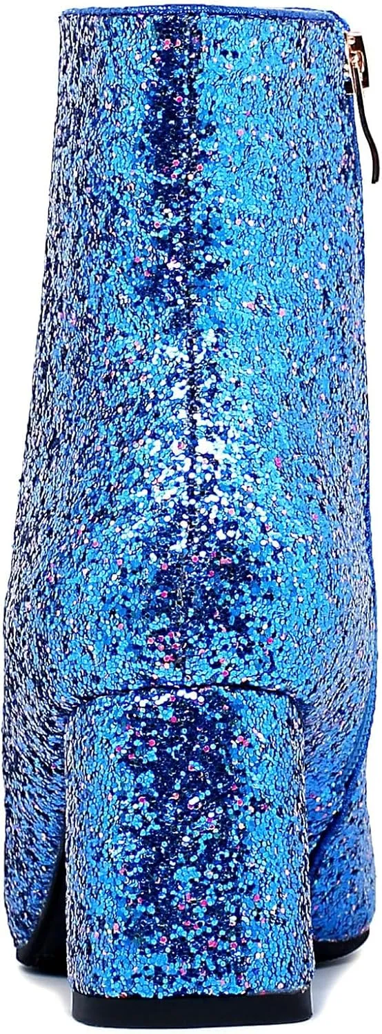 LUXMAX Women Glitter Ankle Boots Chunky Heel Square Closed Toe Sparkly Booties Block Heel Side Zip Winter Party Shoes