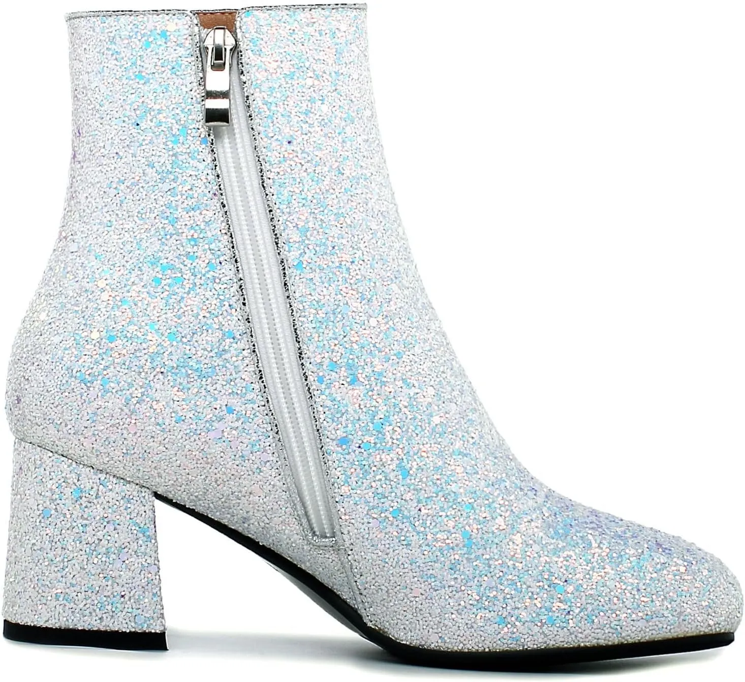 LUXMAX Women Glitter Ankle Boots Chunky Heel Square Closed Toe Sparkly Booties Block Heel Side Zip Winter Party Shoes