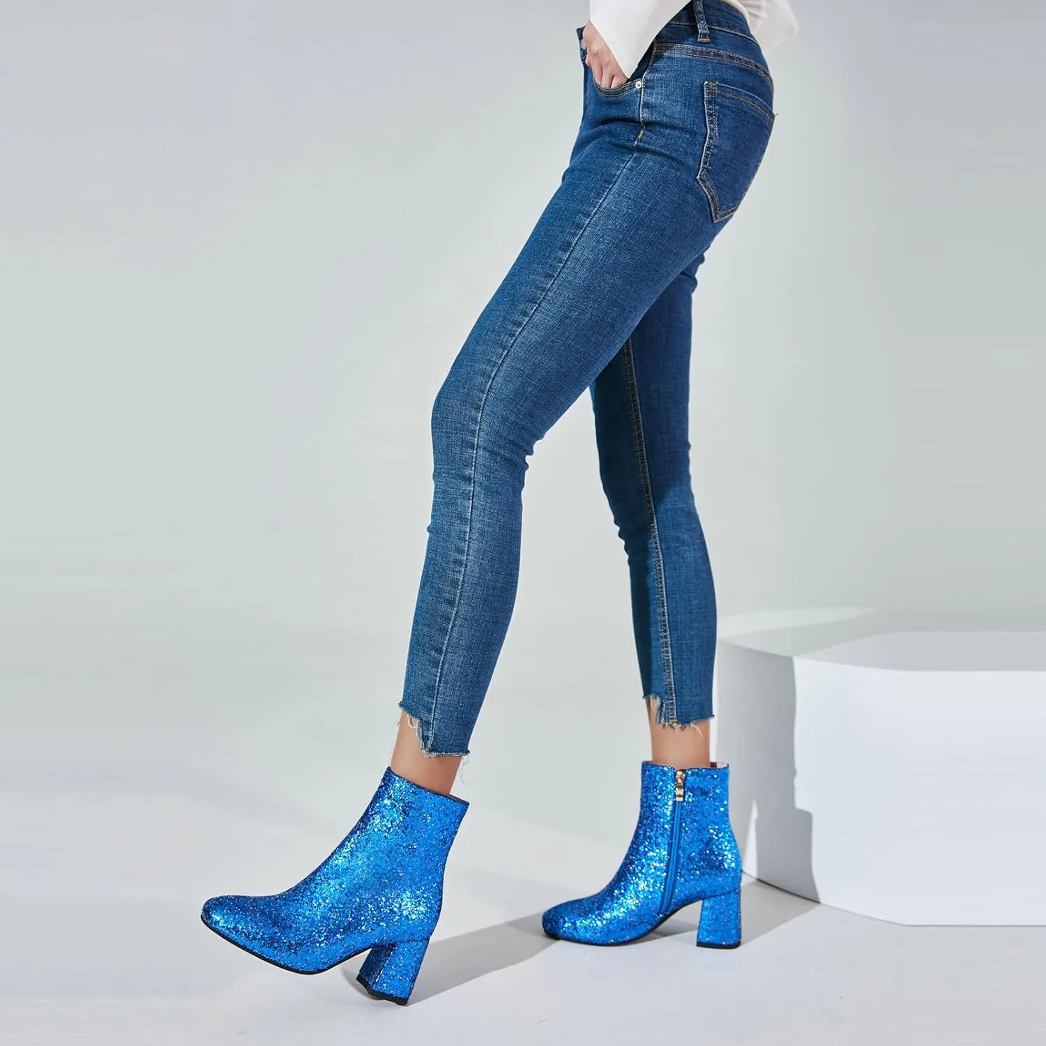 LUXMAX Women Glitter Ankle Boots Chunky Heel Square Closed Toe Sparkly Booties Block Heel Side Zip Winter Party Shoes