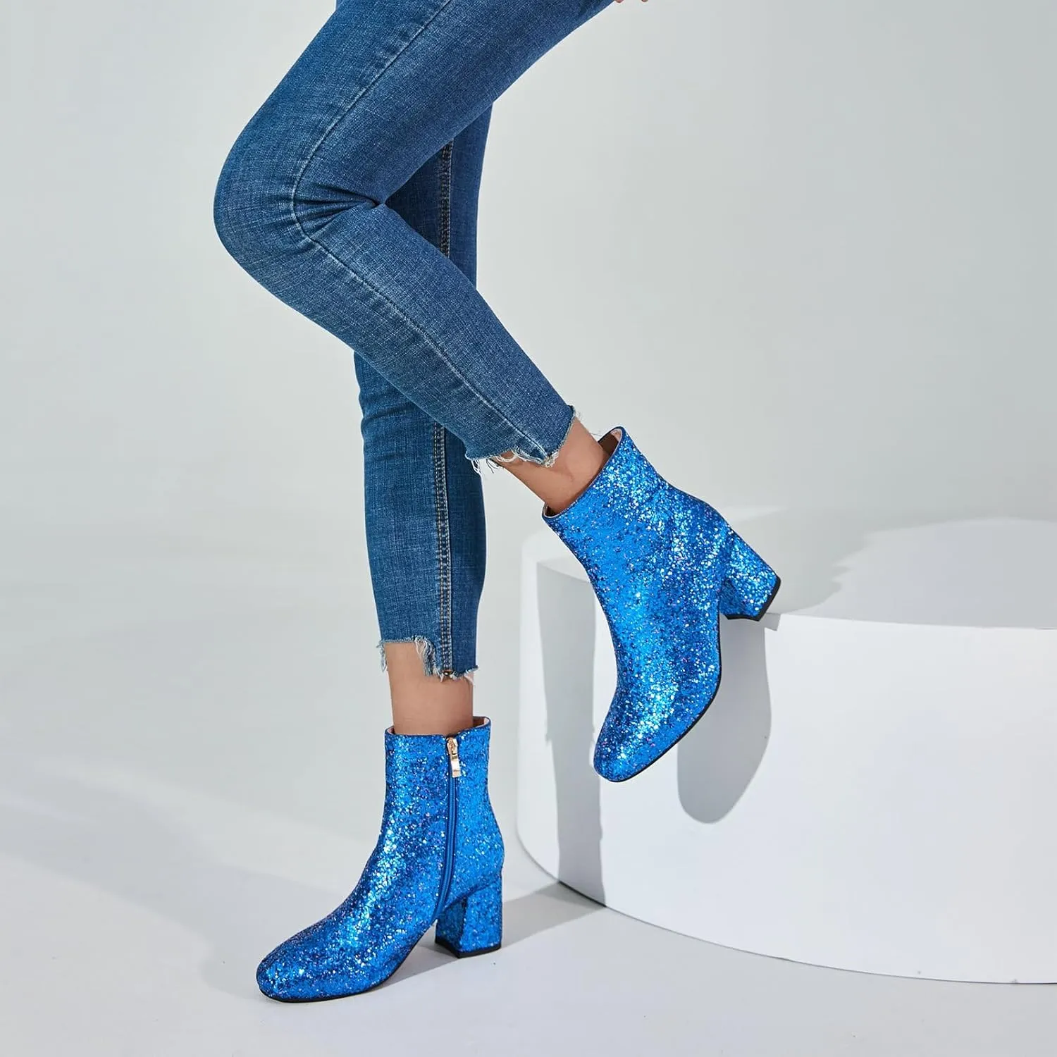 LUXMAX Women Glitter Ankle Boots Chunky Heel Square Closed Toe Sparkly Booties Block Heel Side Zip Winter Party Shoes