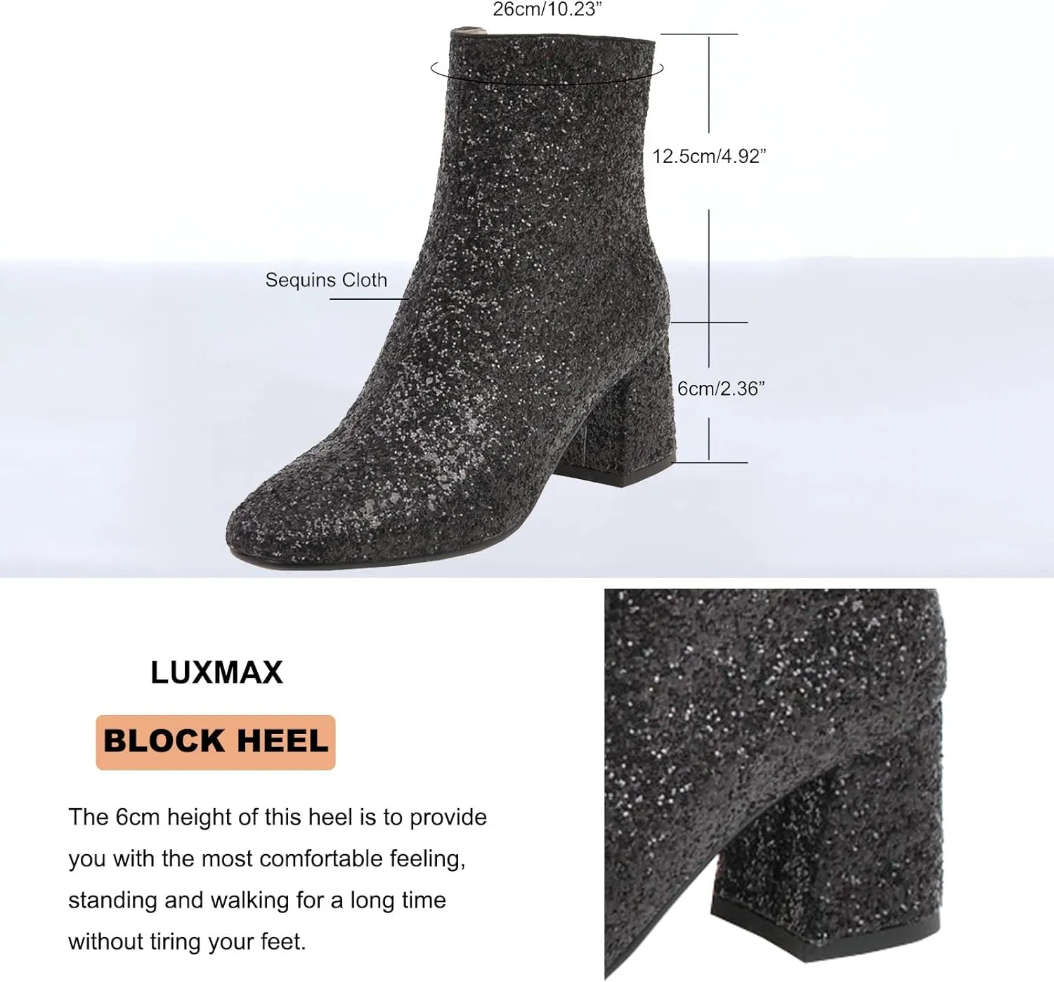 LUXMAX Women Glitter Ankle Boots Chunky Heel Square Closed Toe Sparkly Booties Block Heel Side Zip Winter Party Shoes